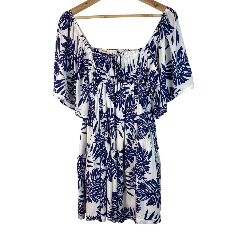 Millibon Women's S White Blue Tropical Leaf‎ Babydoll Mini Dress *